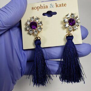 Gold-tone Clear and Purple Crystal Drop Dangle Blue Tassel Earrings